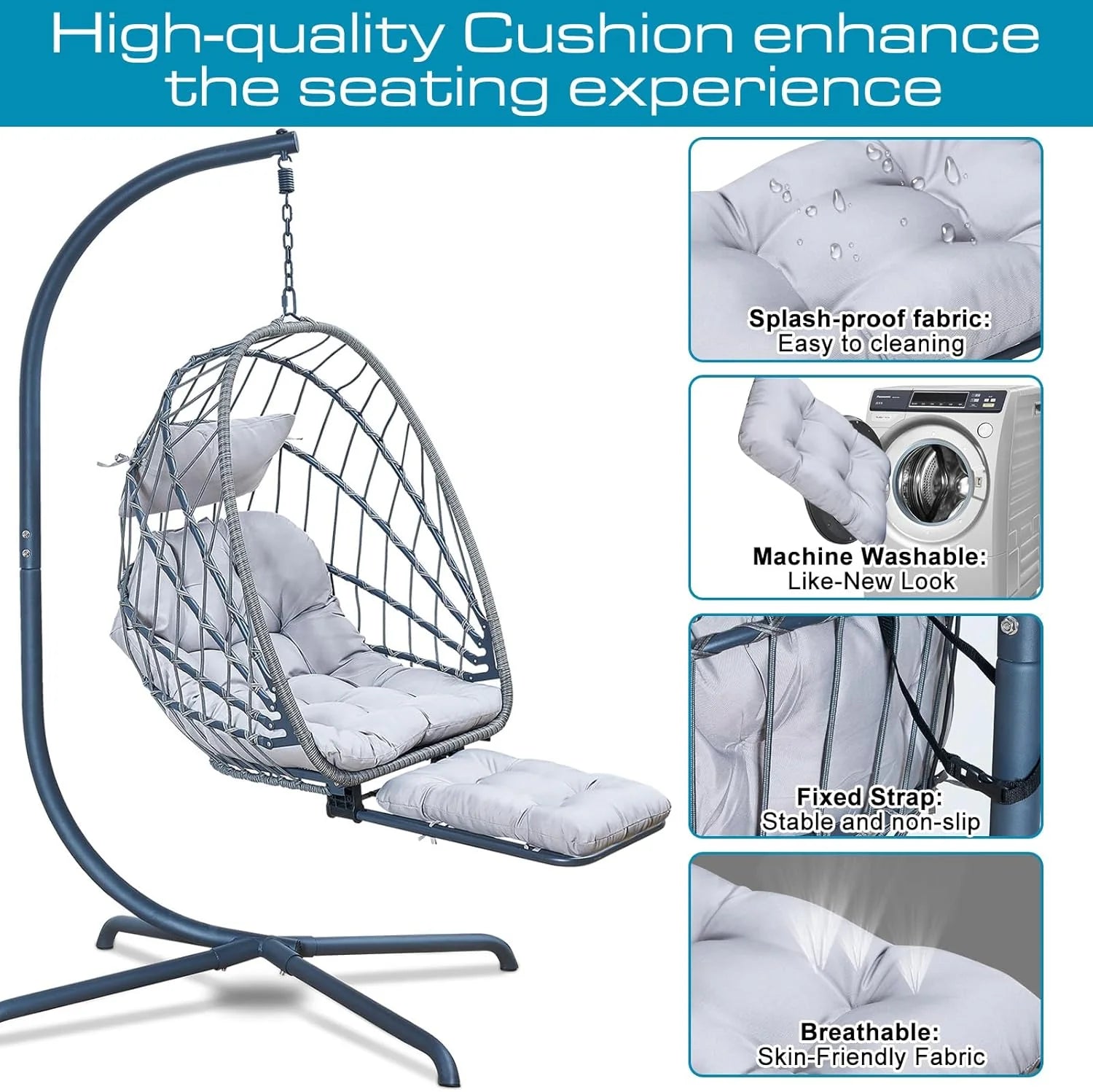 Hanging Egg Chair Stand Leg Rest Rattan Wicker Swing Hammock Chair UV-Resistant Cushion