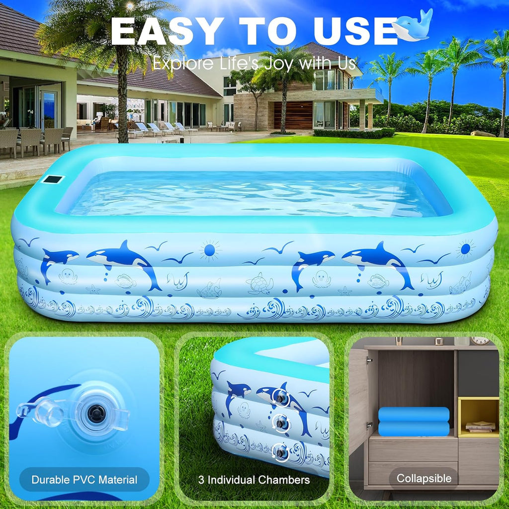 2026 Upgrade Inflatable Pools with Lights, Inflatable Swimming Pools for Adults, Blow Up Pool Solar, Large Pool, Durable Thickened Inflatable Pool for Backyard- Light Blue