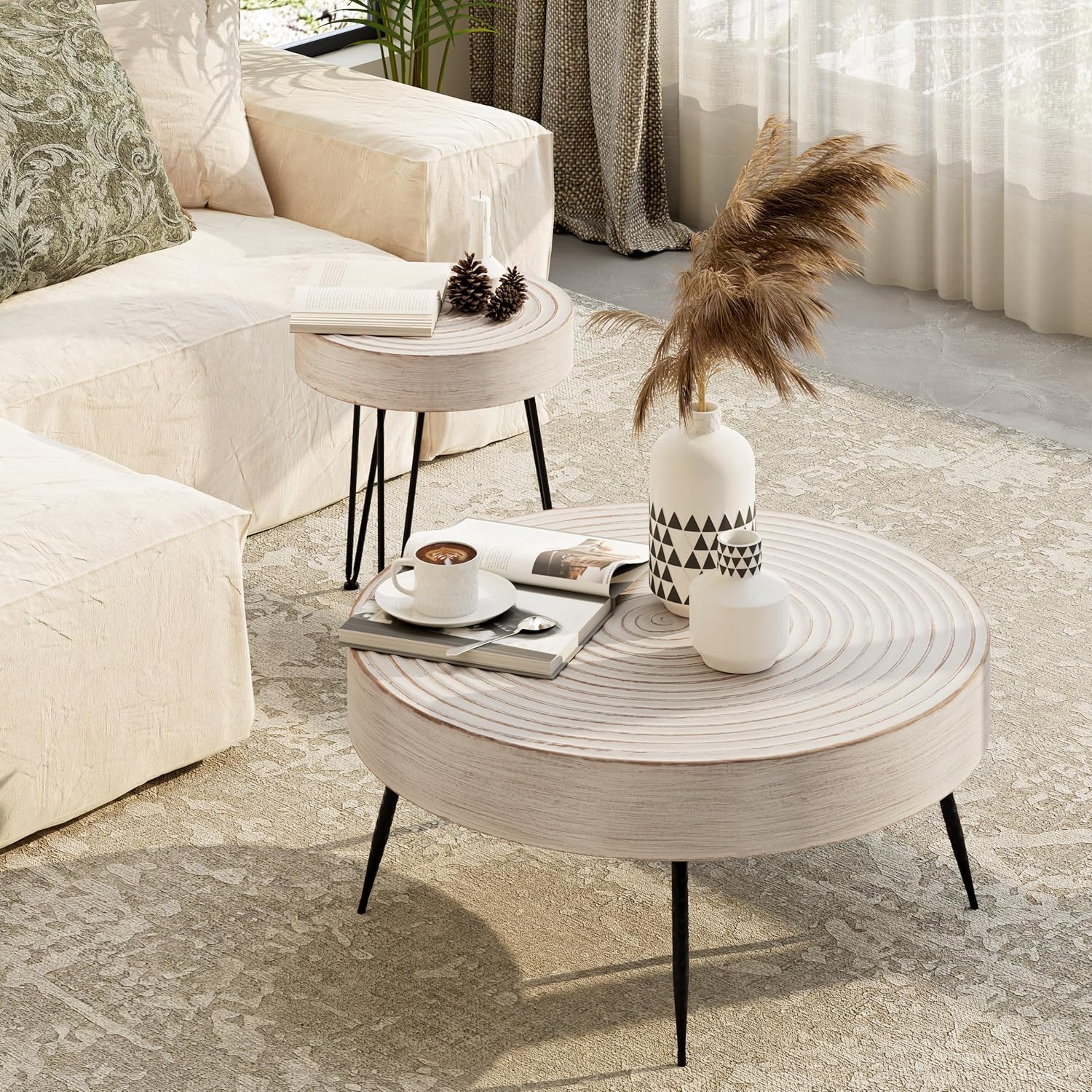 Two-Piece Modern Farmhouse Living Room Coffee Table Set Round Nesting Tables