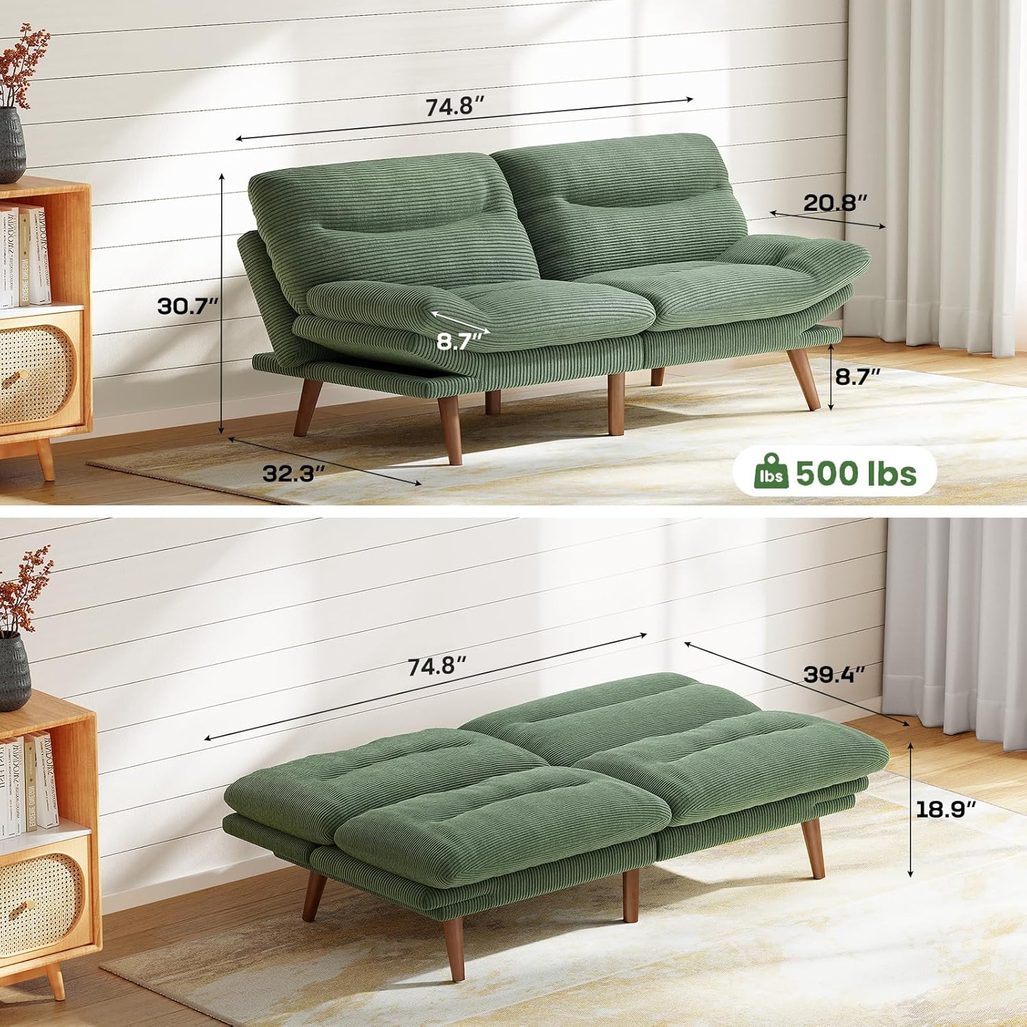 Futon Sofa Bed Futon Sofa Adjustable Back Armrests Converts to Small Sleeper Sofa Bed
