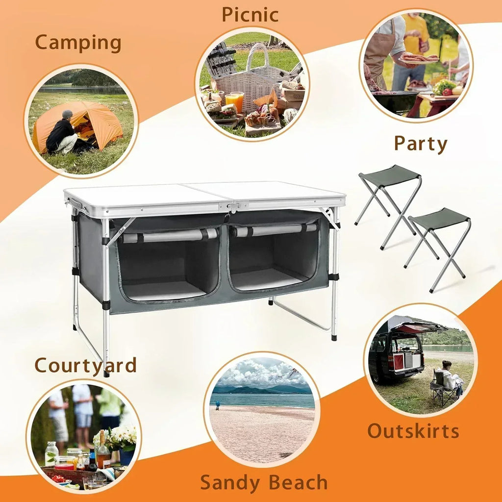 Outdoor Folding Table Aluminum Lightweight Height Adjustable with Storage Organizer