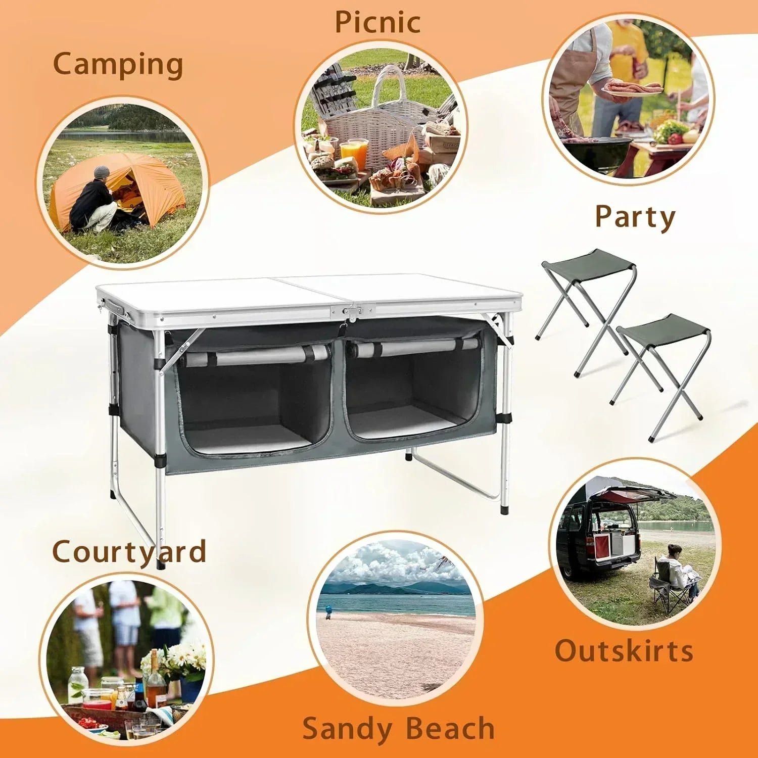 Outdoor Folding Table Aluminum Lightweight Height Adjustable with Storage Organizer