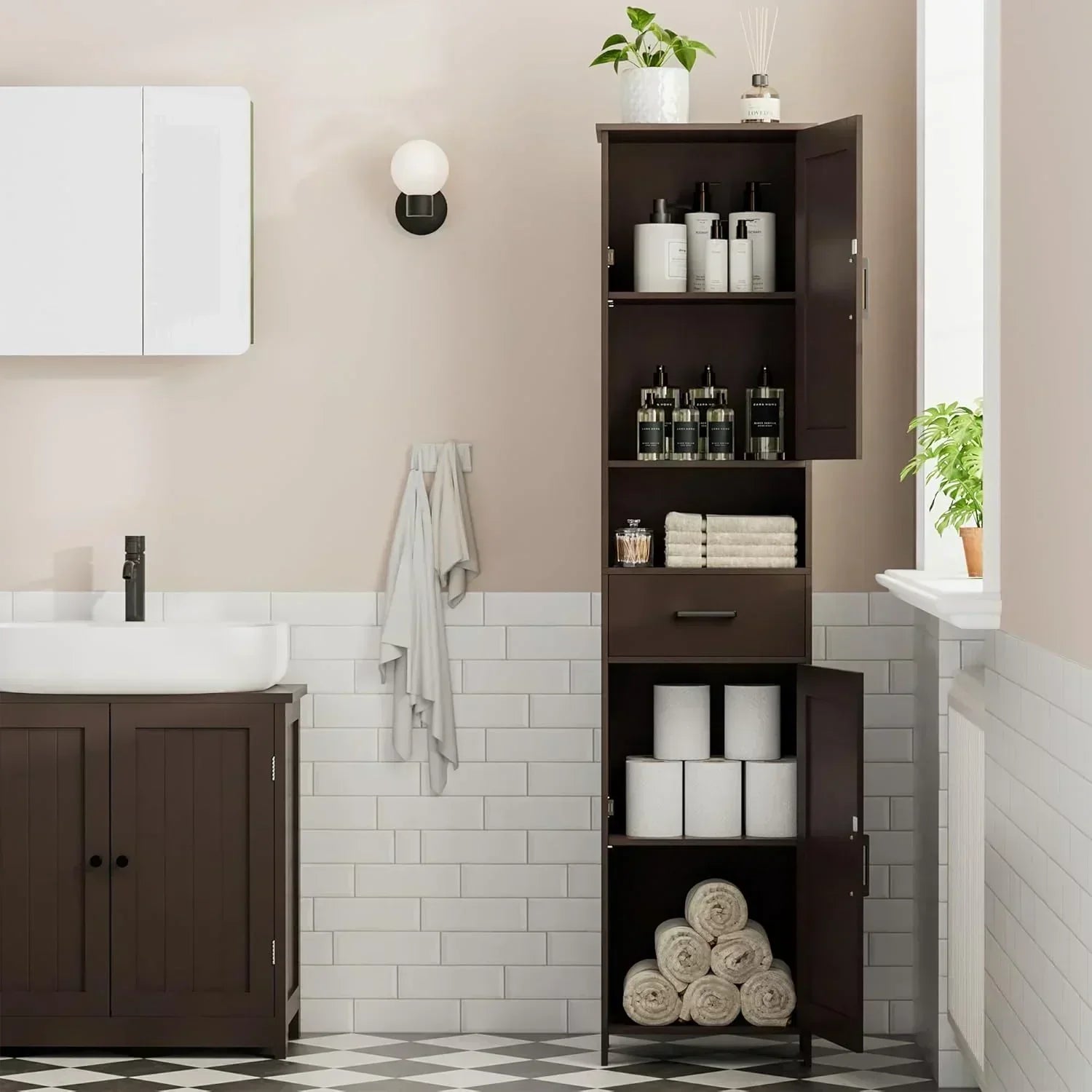 Homhedy 67 H Tall Bathroom Storage Cabinet with 2 Barn Doors and 1 Drawer Narrow Storage Unit
