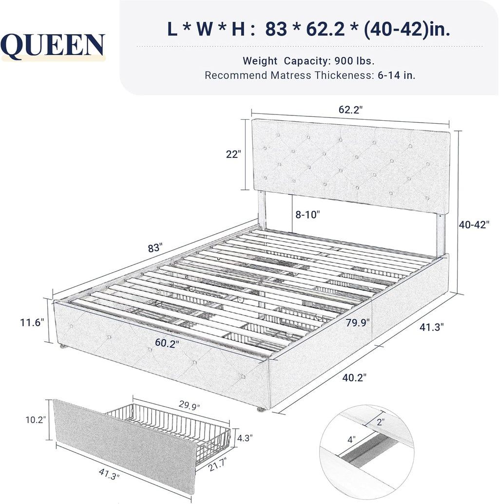 Allewie Upholstered Queen Size Platform Bed Frame with 4 Storage Drawers and Headboard