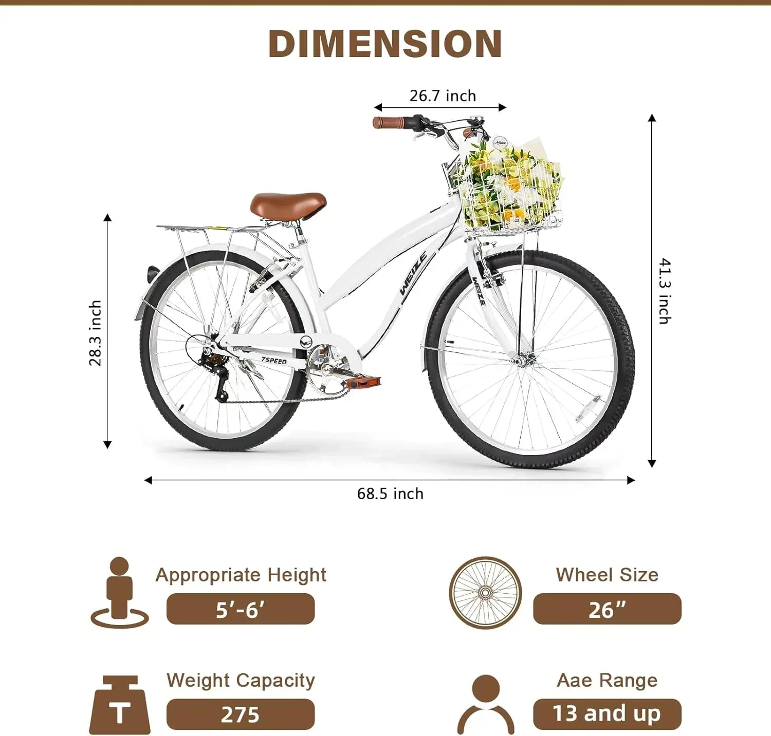 WEIZE Beach Cruiser Bike 26 inch Commuter Bicycle for Adult Men and Women 7-Speed/High-Carbon