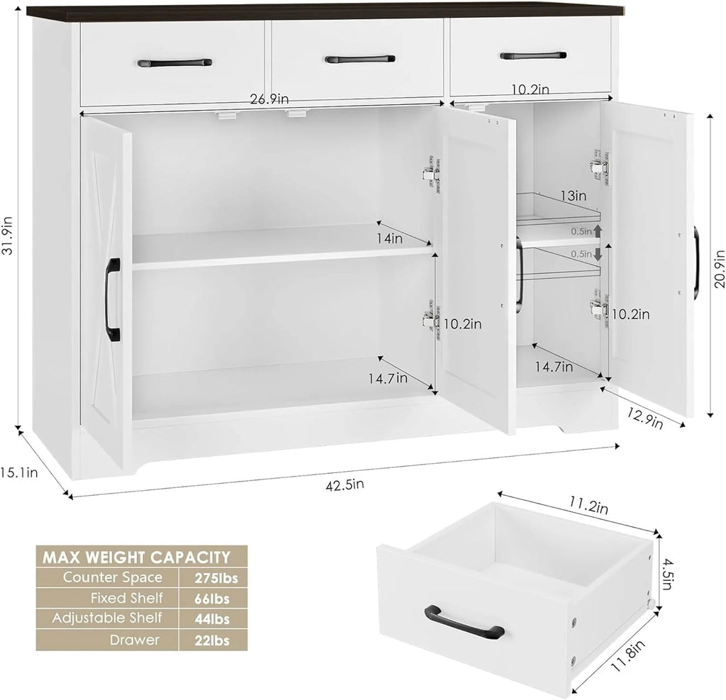 Modern farmhouse sideboard, barn door buffet storage cabinet with drawers and shelves, wooden coffee bar with storage