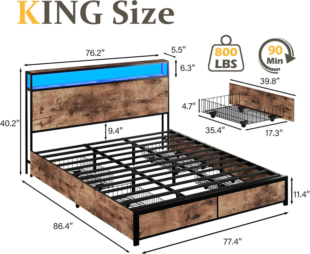 Lifezone Queen Bed Frame with 2-Tier Storage Headboard, Metal Platform Bed Frame with 4 Storage Drawers, Built in Charging Station & LED, Noise-Free/Metal Support/No Box Spring Needed