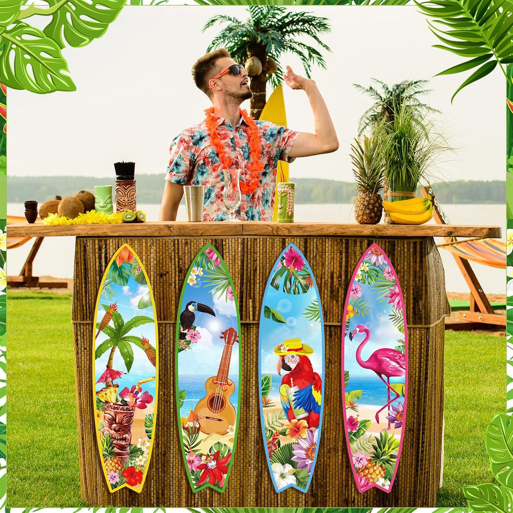 Blulu 4 Pcs Surfboard Wall Decor Surfboard Wall Hanging Sign Wooden Beach Decoration Summer Theme Decor Hawaiian Luau Party Decoration for Home Bar Aloha Tropical Birthday Party(Tiki)