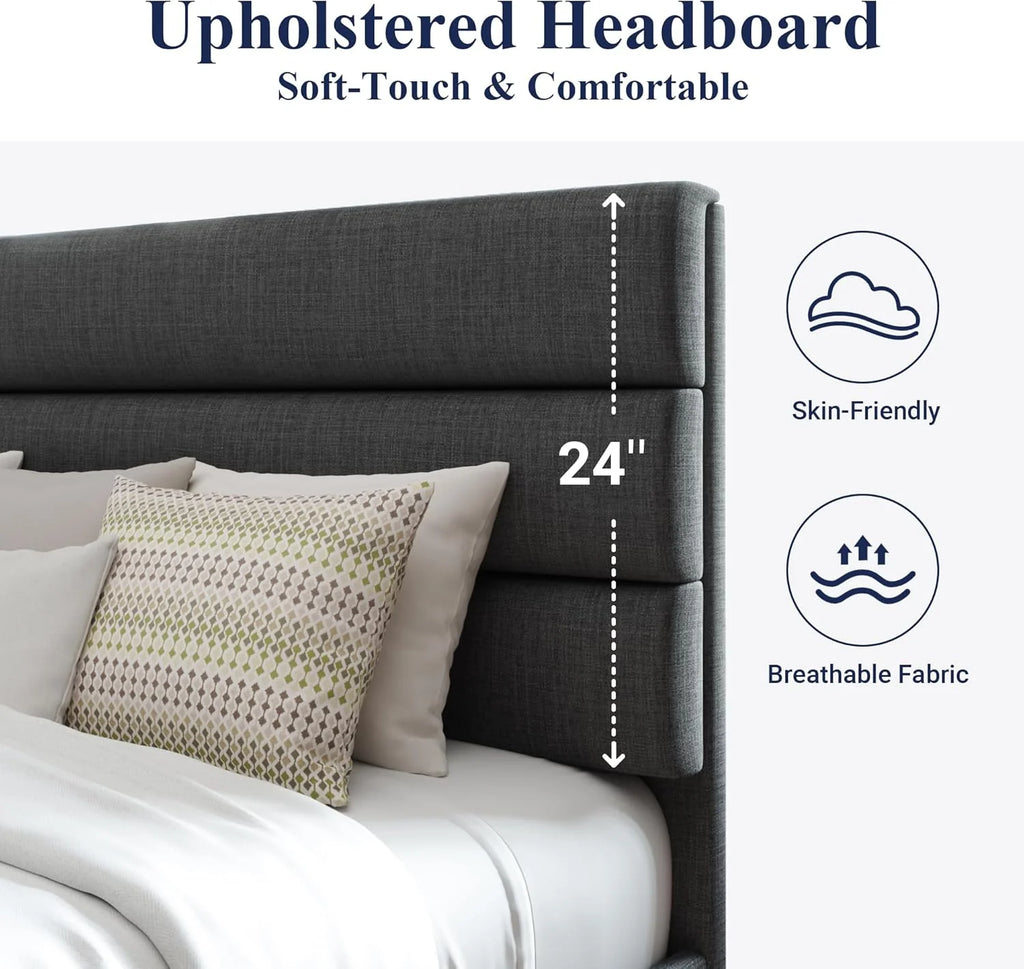 Allewie Queen Size Platform Bed Frame Fabric Upholstered Headboard Wooden Slats Support