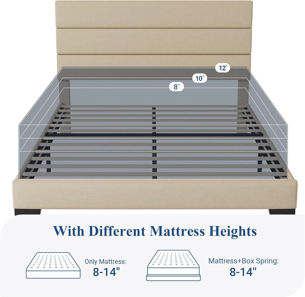 Allewie Queen Size Platform Bed Frame Fabric Upholstered Headboard Wooden Slats Support