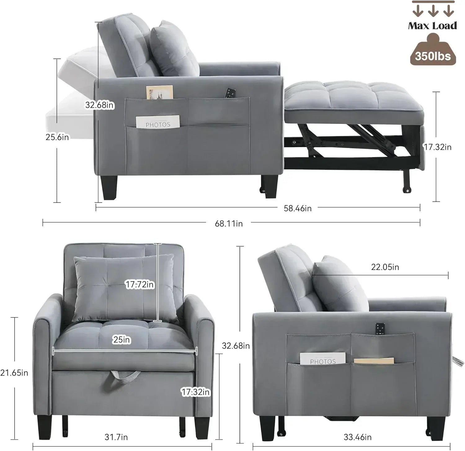 Convertible Sleeper Chair 3 in 1 Sleeper Chair Bed Pull Out Sofa Bed Chairs Velvet Single Sofa