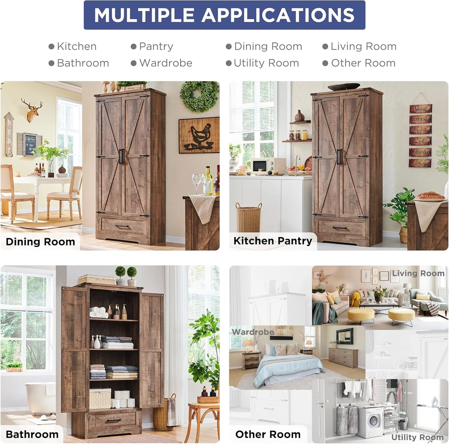 JXQTLINGMU Farmhouse Kitchen Pantry - 72 Tall Wood Kitchen Storage Cabinet with Adjustable Shelves and 2 Barn-Style Doors and Drawers