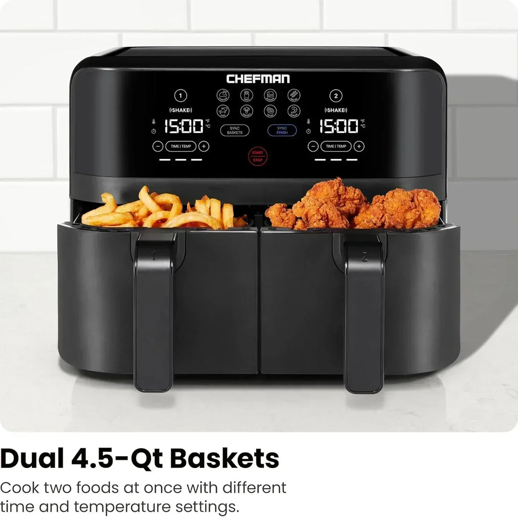 Chefman 6-Quart Dual Basket Air Fryer Digital Touchscreen Smart Sync Finish High-Frying