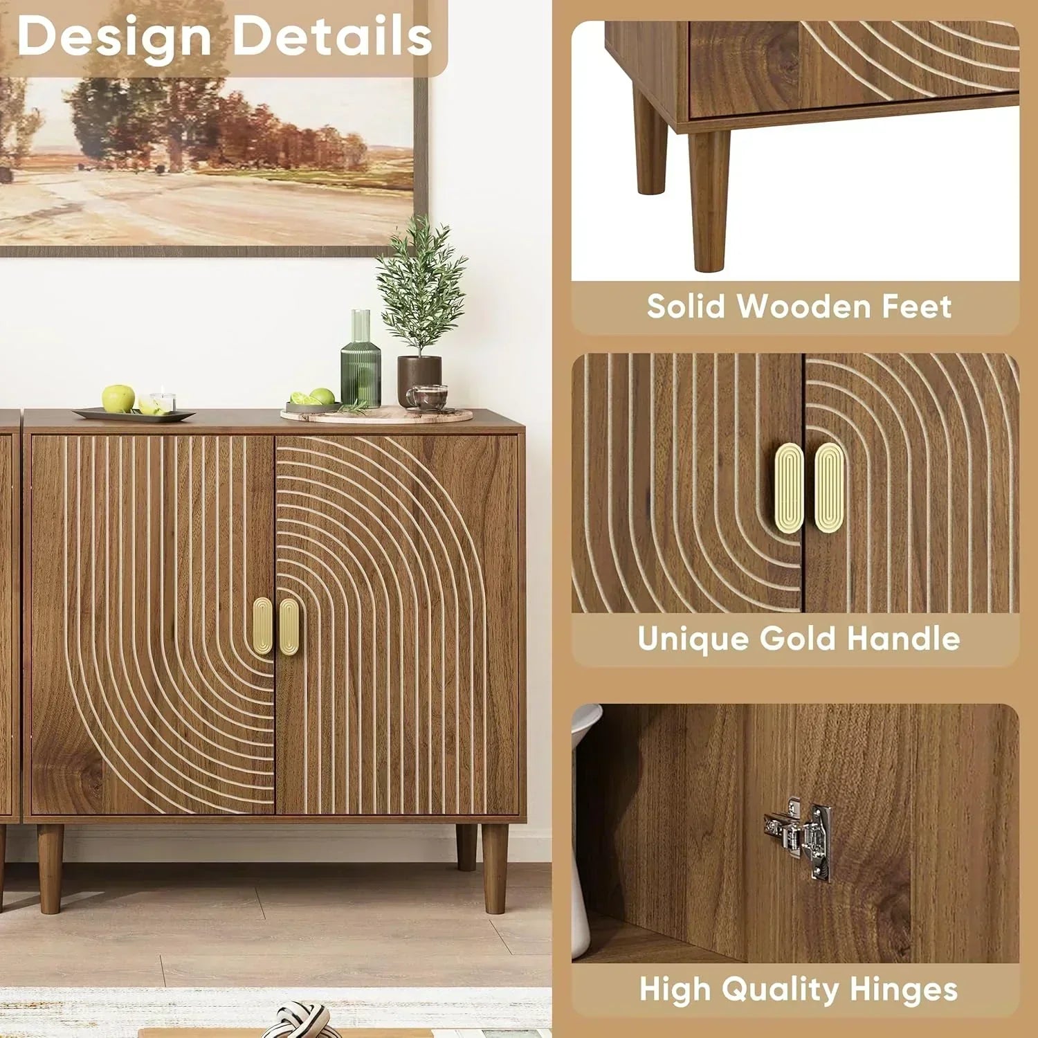 Walnut sideboard freestanding dining cabinet with cable channel design wooden storage cabinet