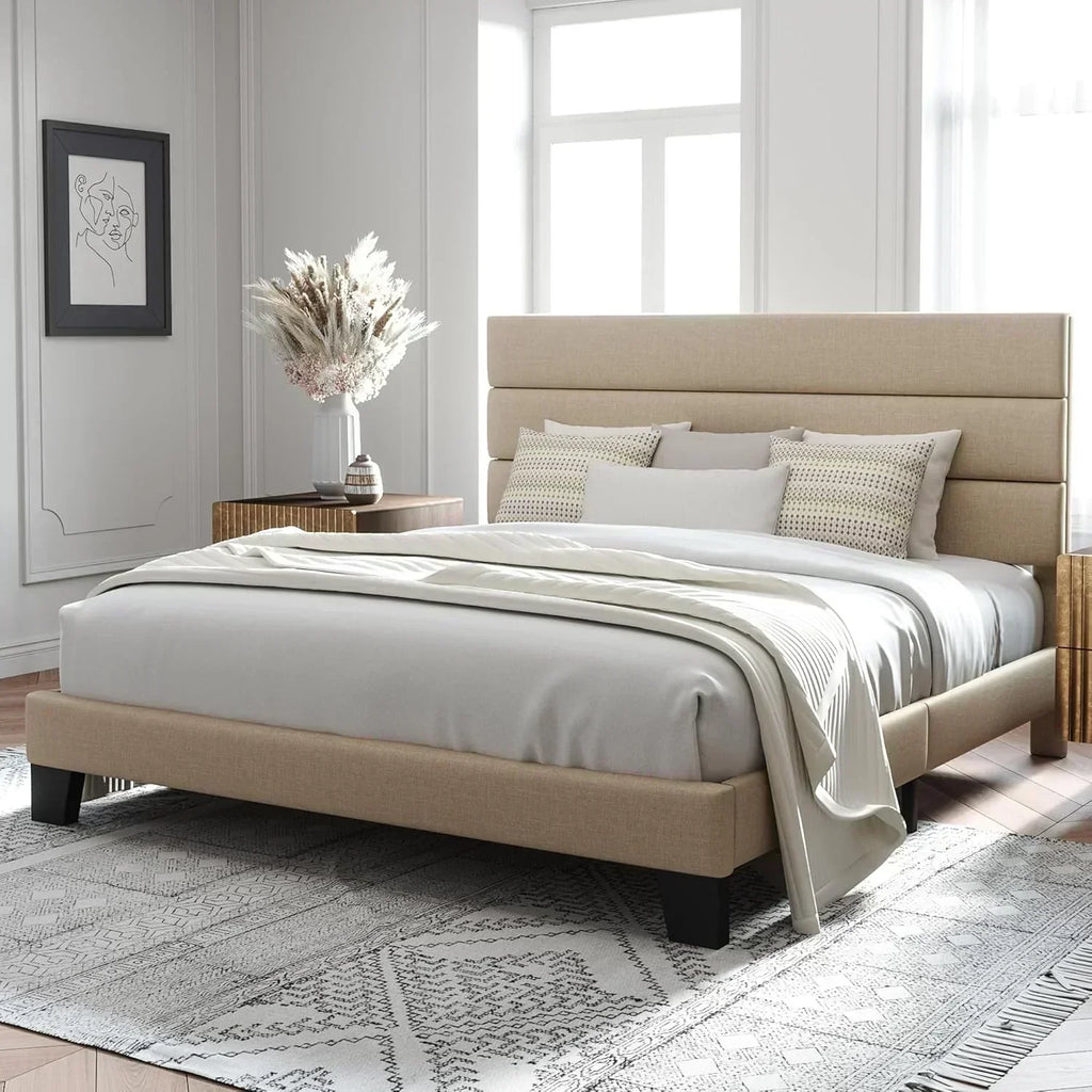 Allewie King size platform bed frame with velvet upholstered headboard and planks