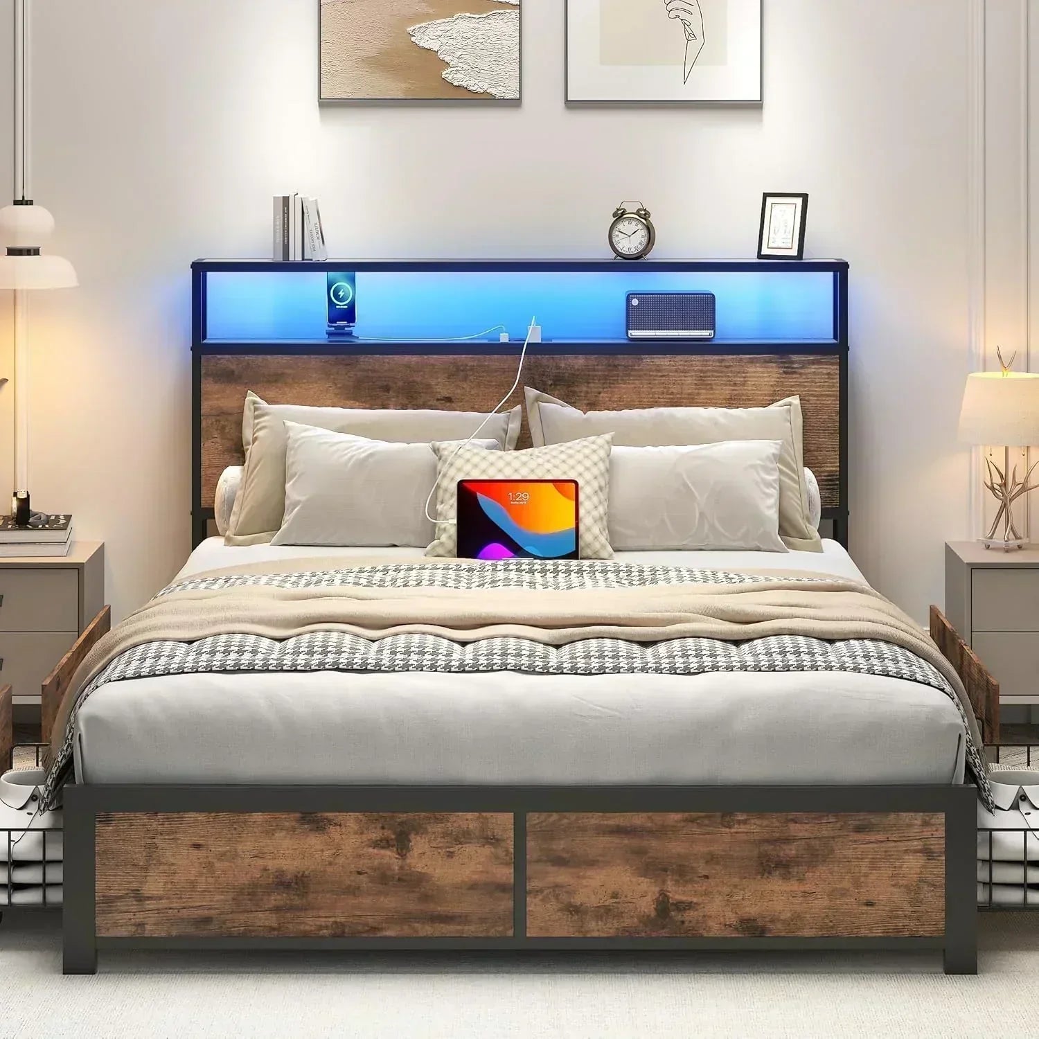 Lifezone Queen Bed Frame 2-Tier Storage Headboard Metal Platform Bed Frame 4 Storage Drawers