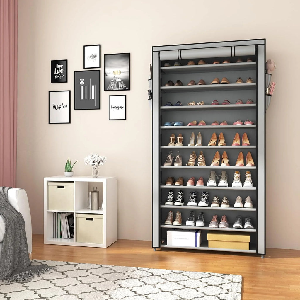 ROJASOP 10 Tier Shoe Rack with Covers Large Capacity Stackable Tall Shoe Shelf Storage