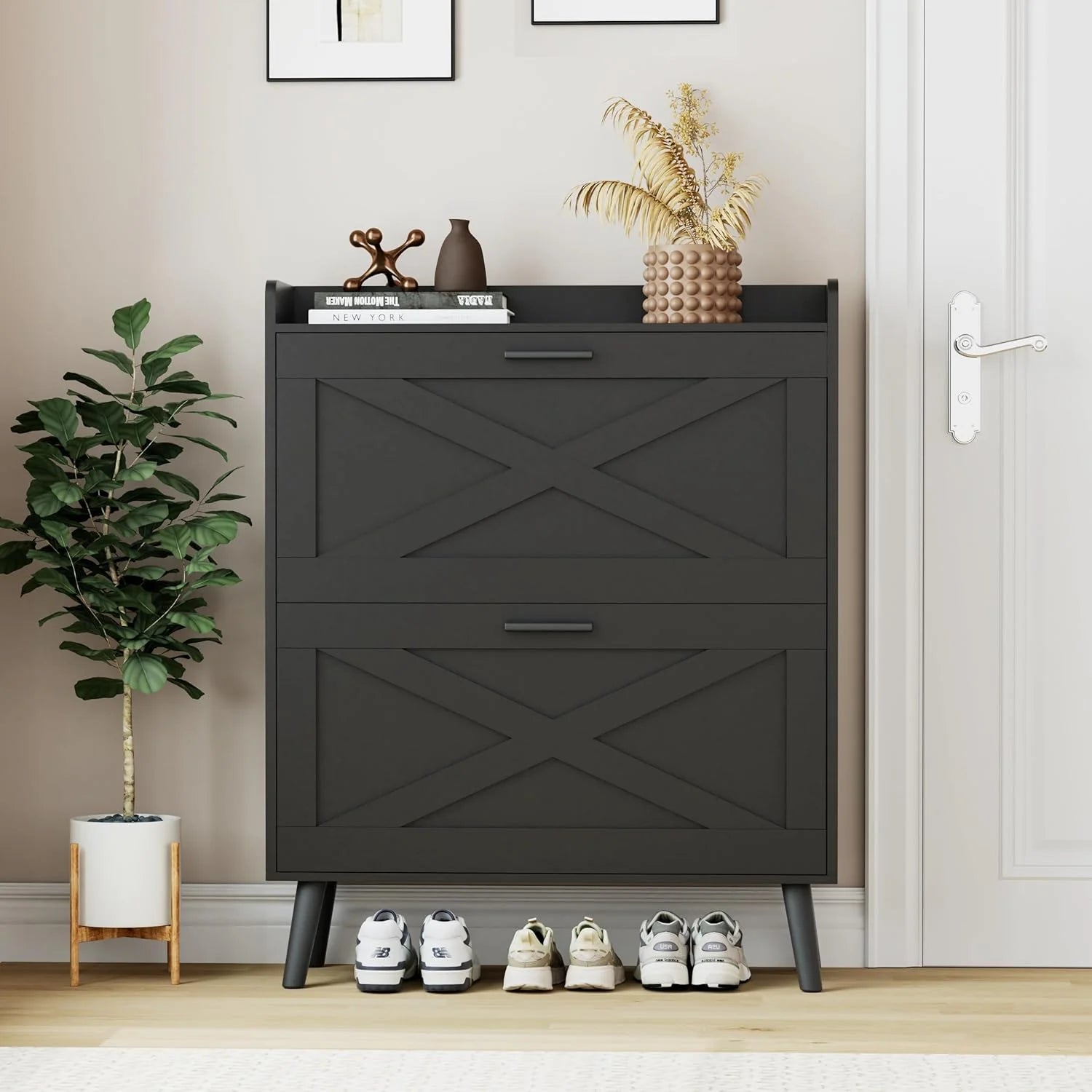 32 wide farmhouse shoe cabinet with 2 flip-top drawers and barn door design, adjustable shelves
