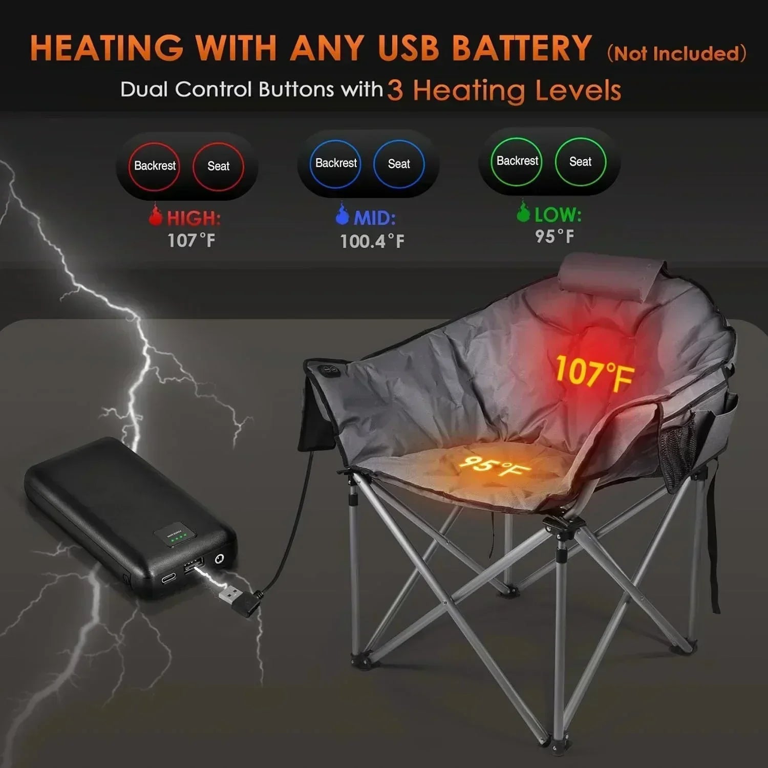 Heated Camping Chair Extra Large Heated Chair Outdoor Sports Chair with 3 Heat Levels on Back