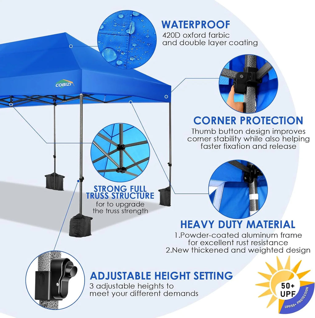 COBIZI 10x20 Heavy Duty Pop up Canopy Tent with 6 sidewalls Easy Up Commercial Outdoor Canopy Wedding Party Tents for Parties All Season Wind & Waterproof Gazebo with Roller Bag,Black(Frame Thickened)