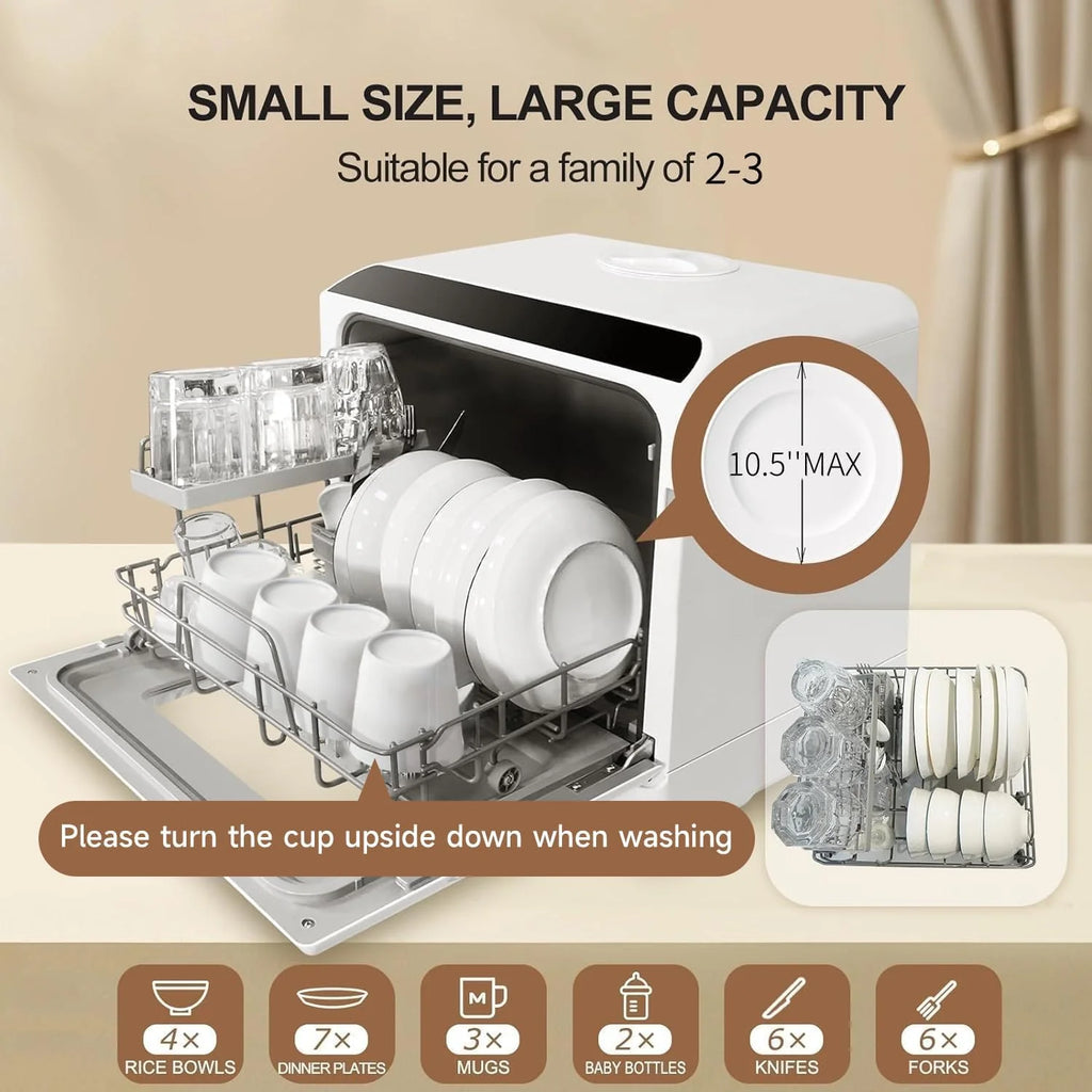 Mini countertop dishwasher. Compact dishwasher with drying function. Double spray arms. Portable countertop dishwasher