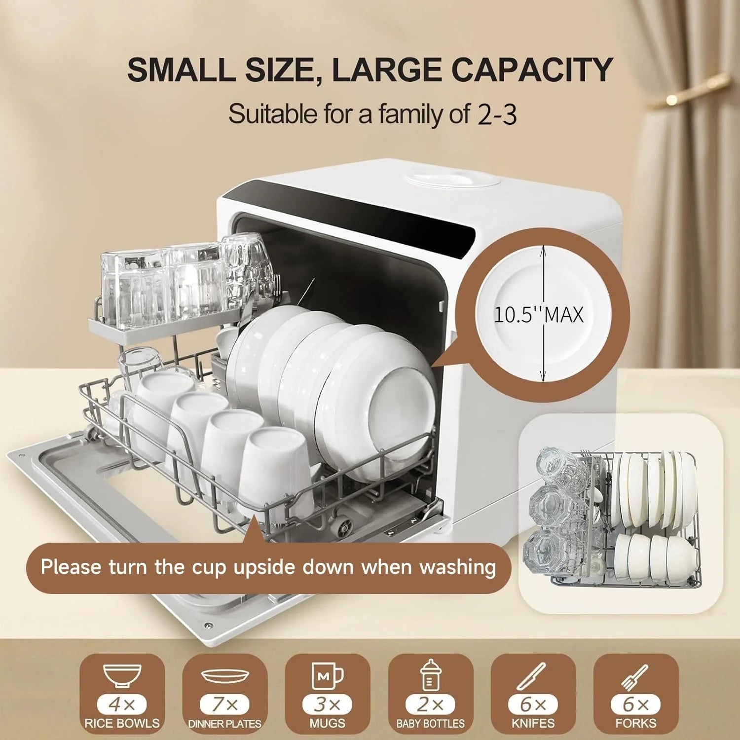Mini countertop dishwasher. Compact dishwasher with drying function. Double spray arms. Portable countertop dishwasher