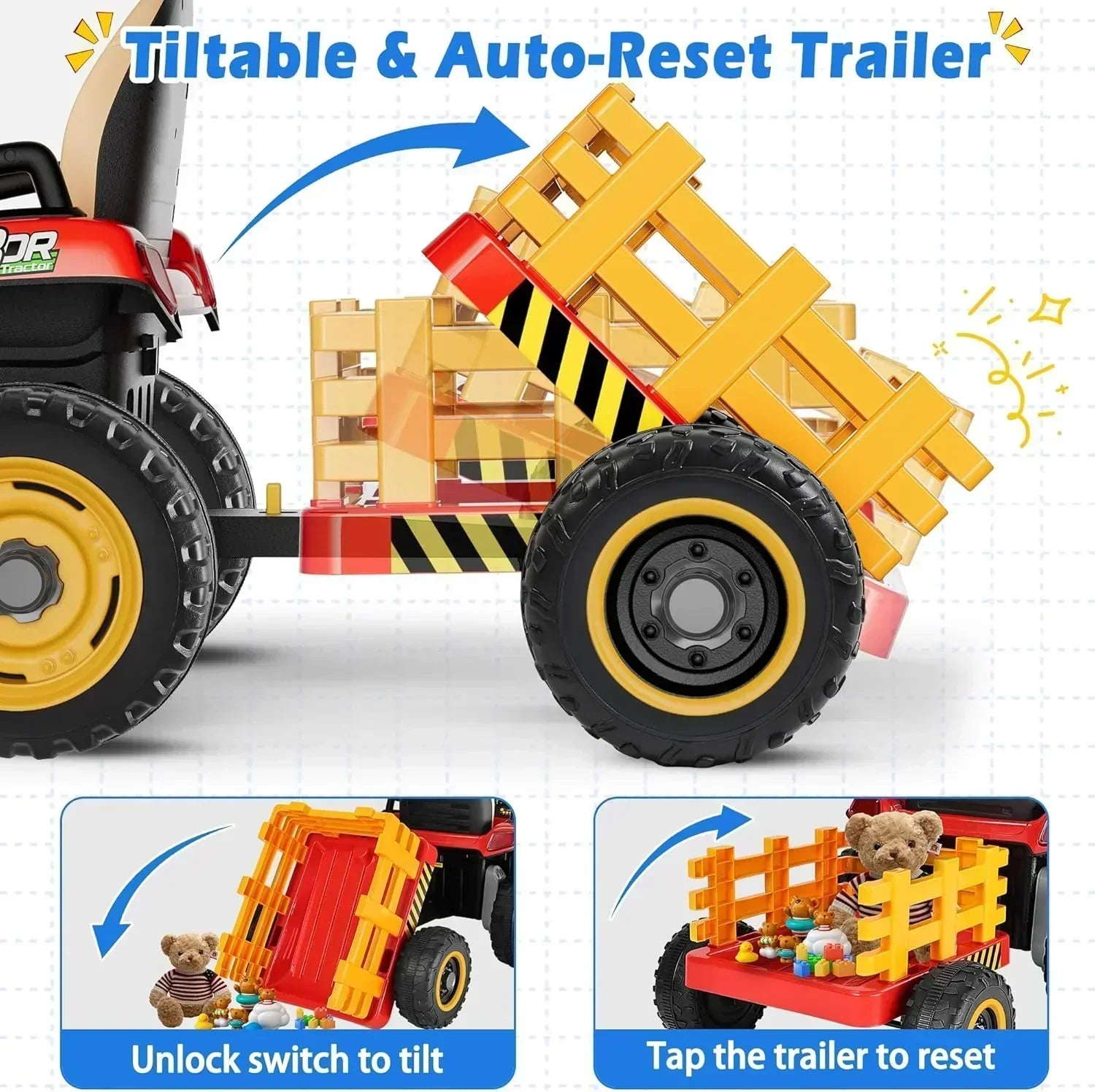 24V Ride On Tractor Tiltable Detachable Trailer 2x65W Motors EVA Tires Remote Control