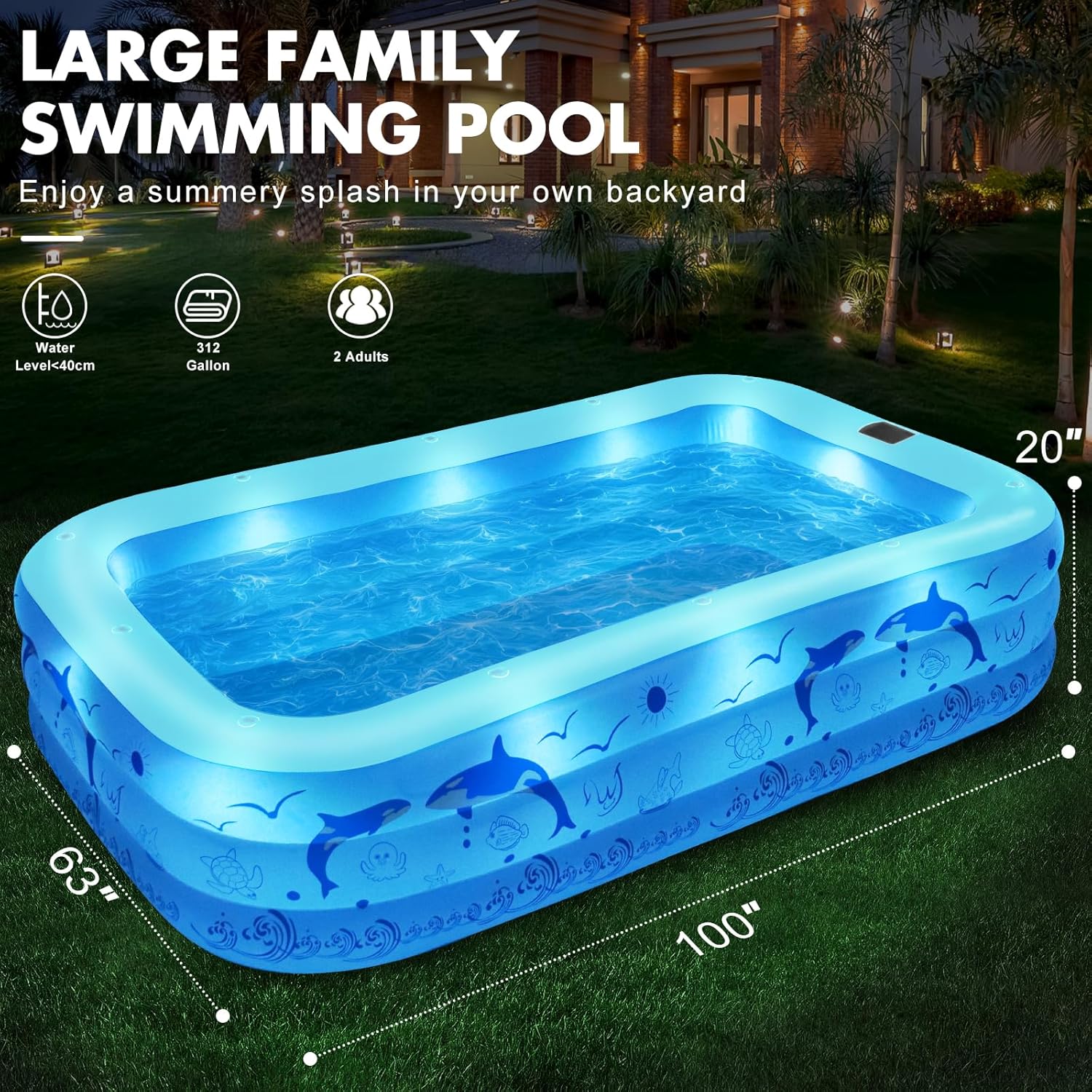 2026 Upgrade Inflatable Pools with Lights, Inflatable Swimming Pools for Adults, Blow Up Pool Solar, Large Pool, Durable Thickened Inflatable Pool for Backyard- Light Blue