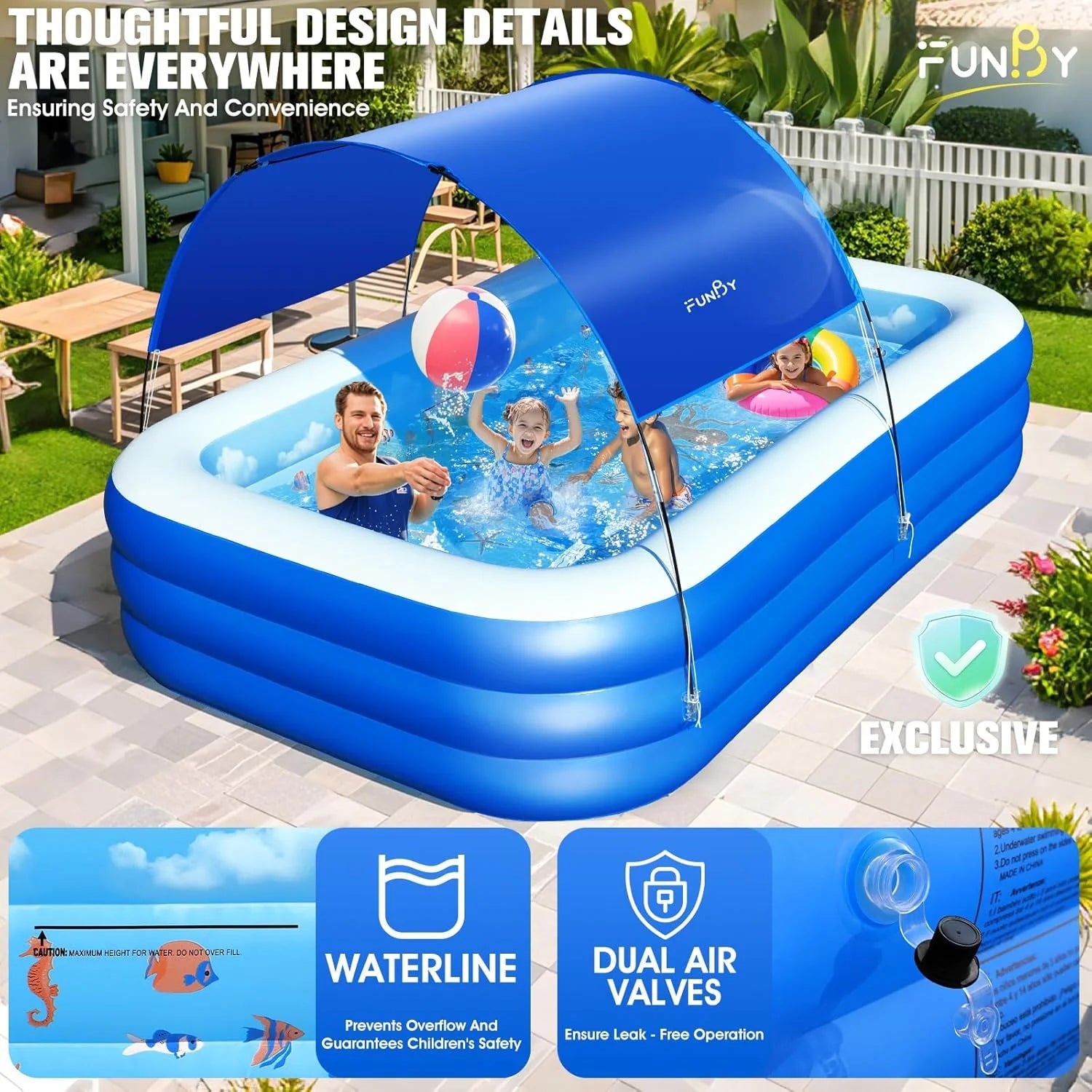 Inflatable Pool with Canopy,Upgraded Inflatable Swimming Pool for Kids,Adult,Large Inflatable Blow up Pools,Ocean Theme Oversized Thickened 105x75x25Inflatable Family Pools for Backyard-Blue