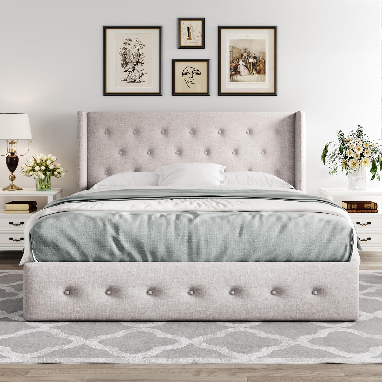 Allewie Queen Size Lift Up Storage Bed Modern Wingback Headboard Hydraulic Support