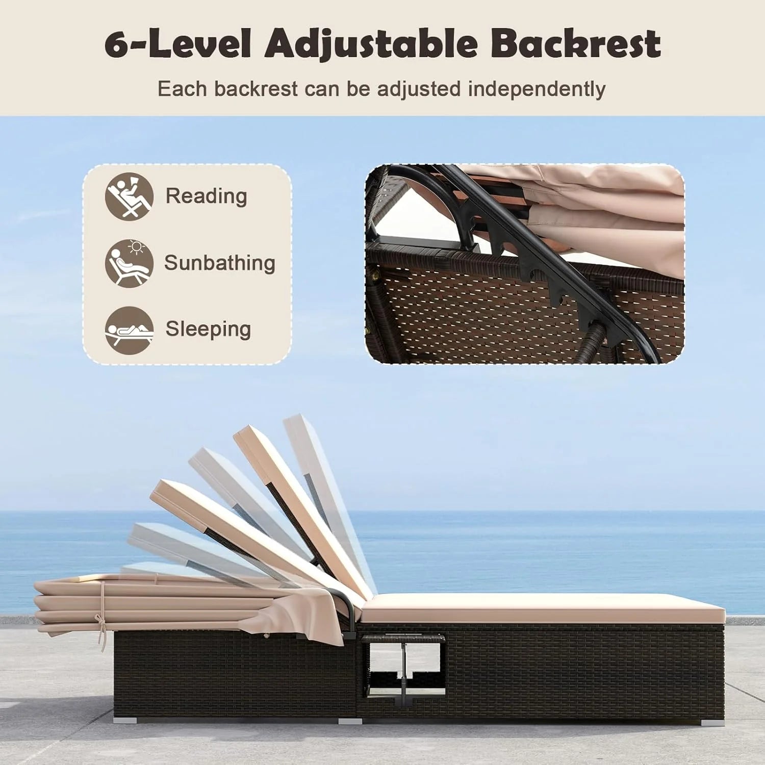 RELAX4LIFE Outdoor Daybed Retractable Canopy Wicker Double Chaise Lounge 6-Position Backrest