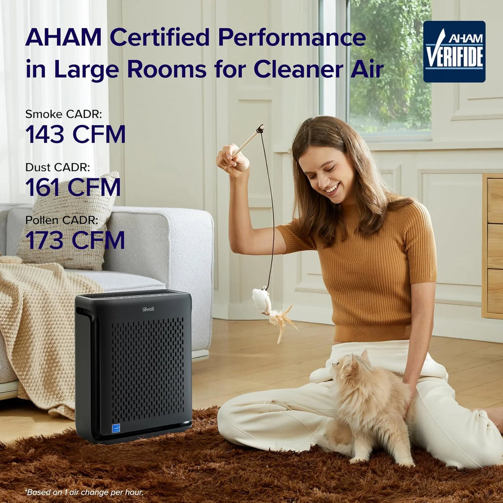Large-room air purifier for home use with air quality monitor, washable pre-filter, and pet-friendly