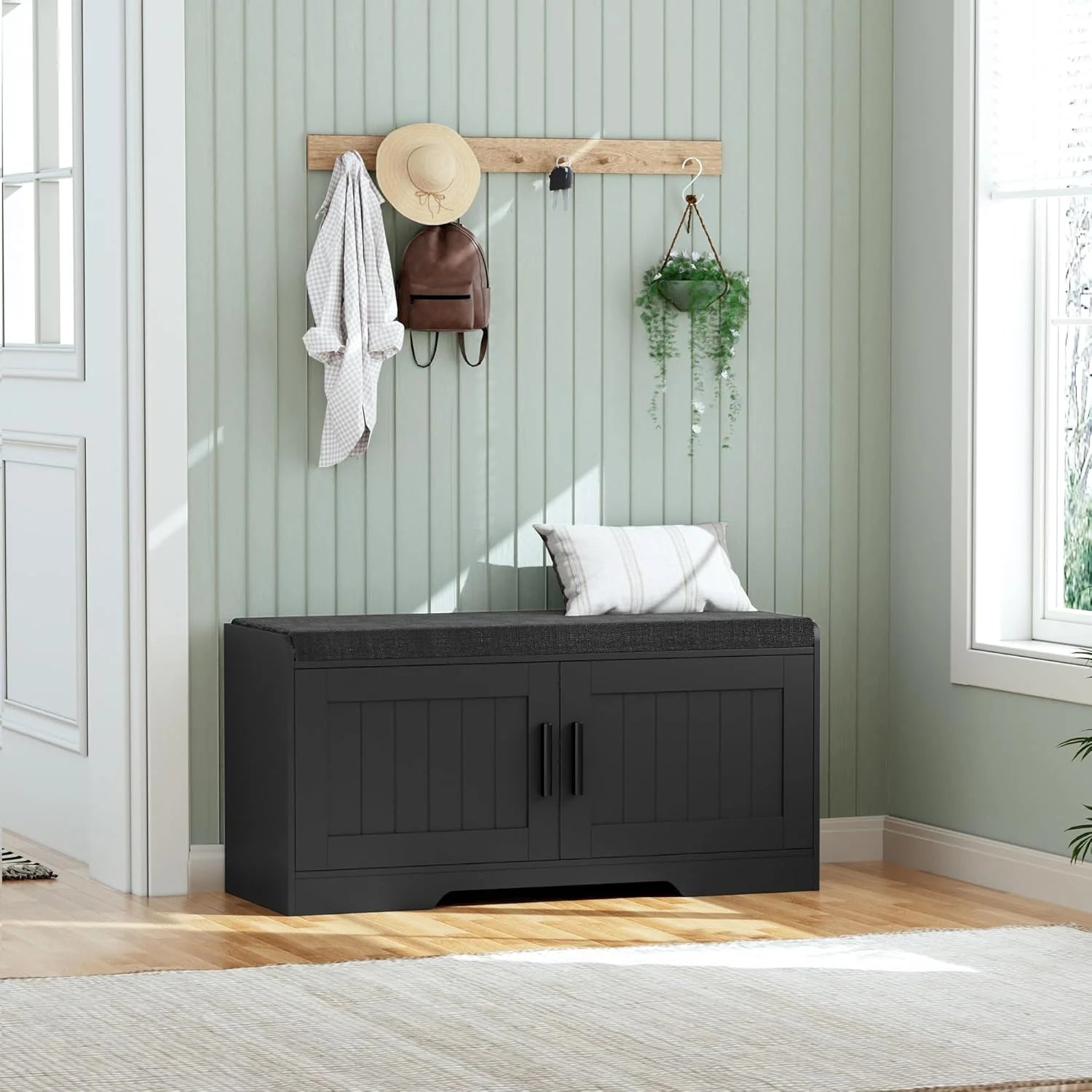 2-Tier Storage Bench, Shoe Bench with Thickened Padded Seat Cushion, Entryway Bench with 4 Doors, Adjustable Shelf, 13.8 D x 45.3 W x 18.5 H, for Entryway, Living Room, Bedroom, White