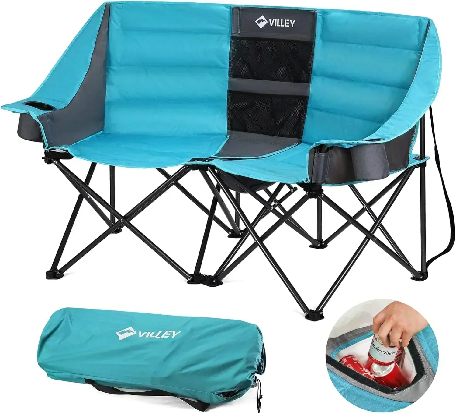 Double camping chair extra wide love seat heavy duty padded camping sofa portable folding chair