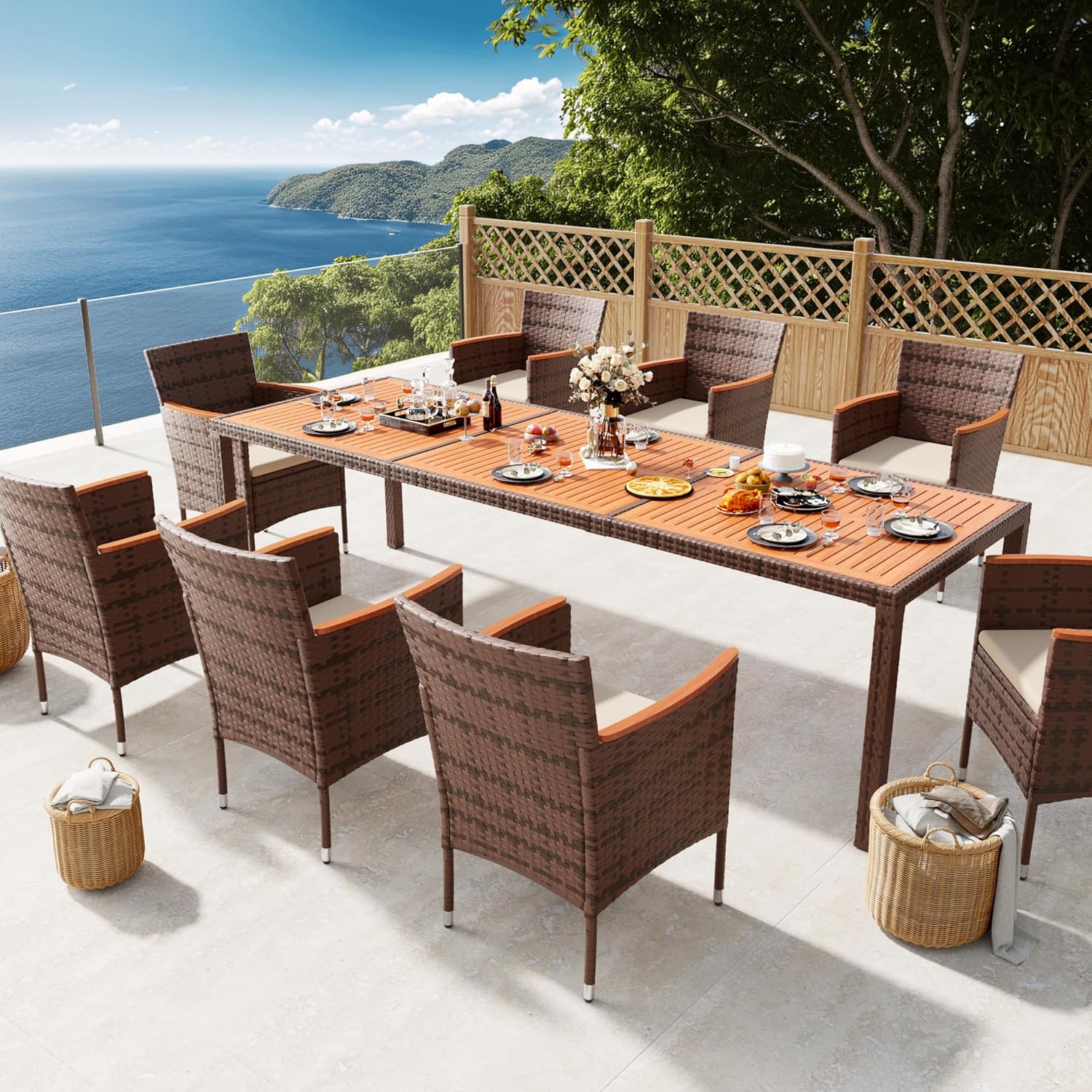 Devoko Dining 7 PCS Furniture Patio Conversation Set with Acacia Wood Table Top Rattan Outdoor