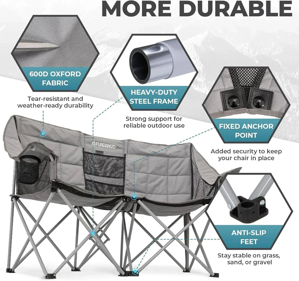 Double Camping Chair Cooler 3-Person Folding Extra Large Camping Chair 1000-Pound Capacity