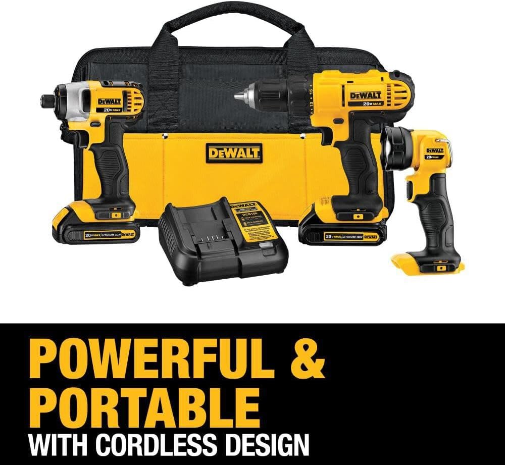 20V MAX Cordless Drill Impact Driver and LED Work Light Portable, Power Tool Combo Kit 3 Tool, 2 Batteries and Charger Included (DCK340C2)