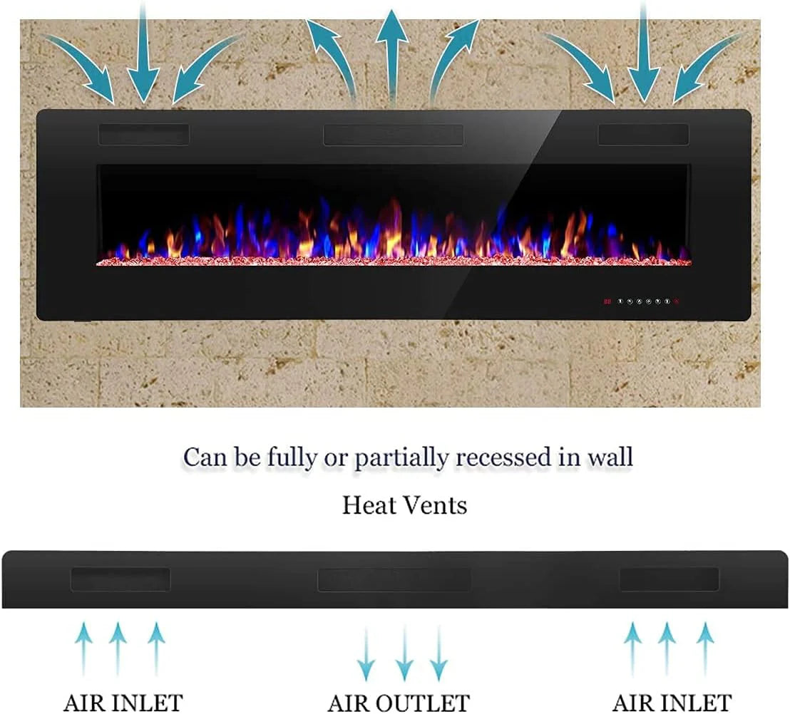 R.W.FLAME 60 Recessed and Wall Mounted Electric Fireplace, Low Noise, Fit for 2 x 6 Stud, Remote Control with Timer, Touch Screen, Adjustable Flame Color and Speed, 750-1500W