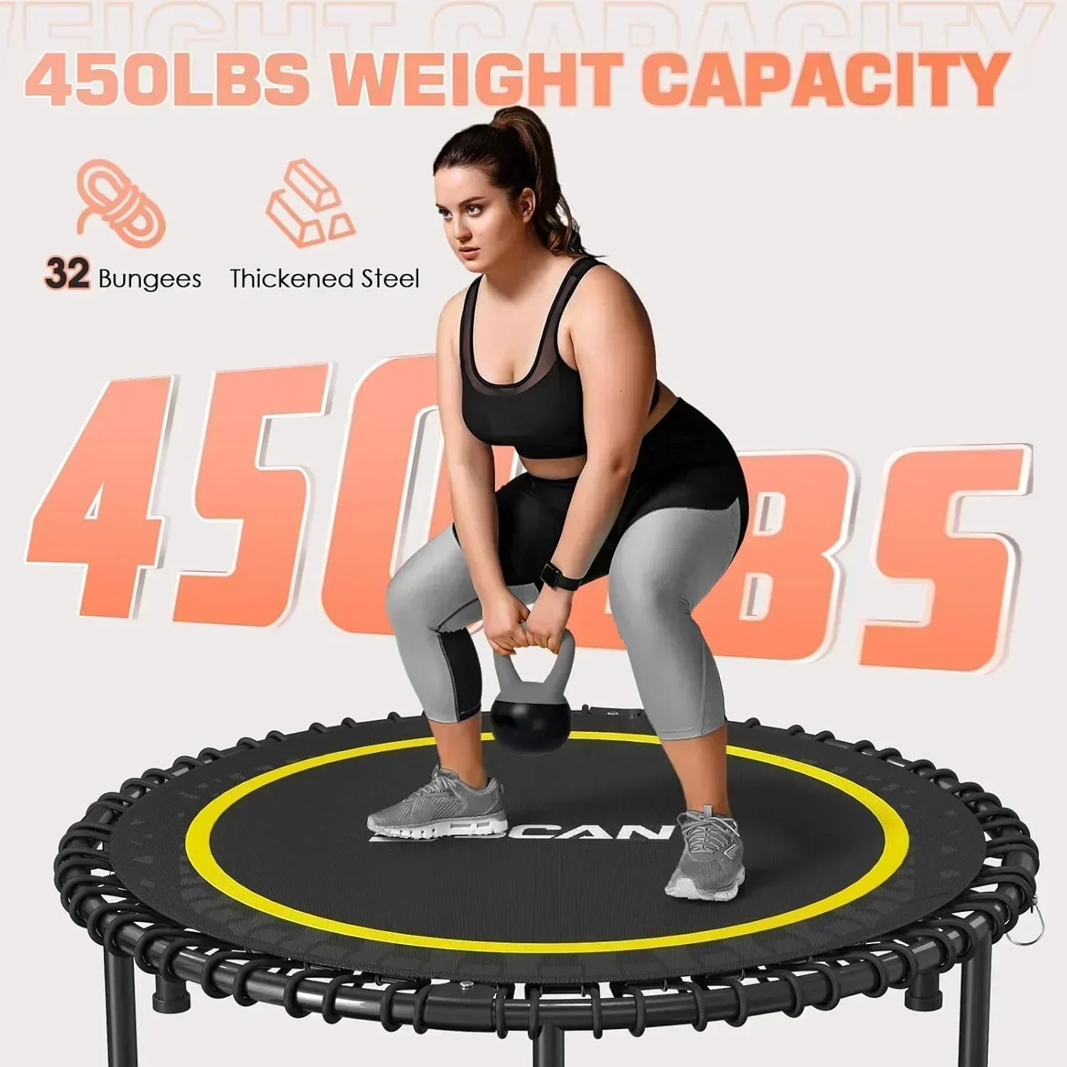 BCAN 450/550 LBS Foldable Mini Trampoline Fitness Trampoline Bungees Adjustable Foam Handle
