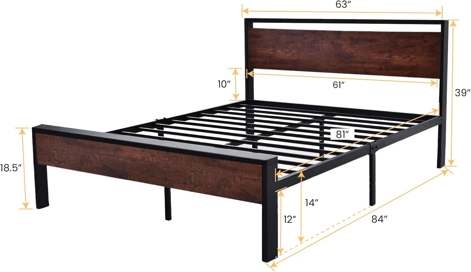SHA CERLIN 14 Inch Queen Size Metal Platform Bed Frame with Wooden Headboard and Footboard