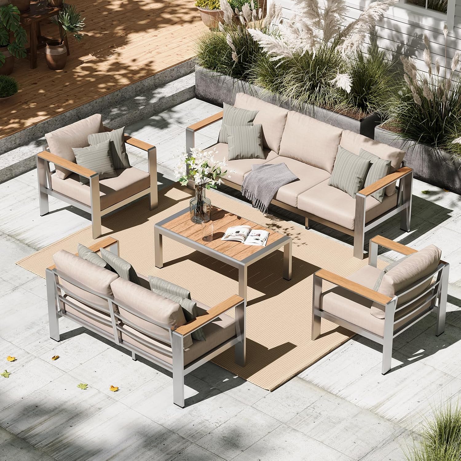 Aluminum Outdoor Patio Furniture Set with Coffee Table, 5 Piece Patio Conversation Sets, Outdoor Sectional Furniture for Porch, Balcony, Yard, Gray