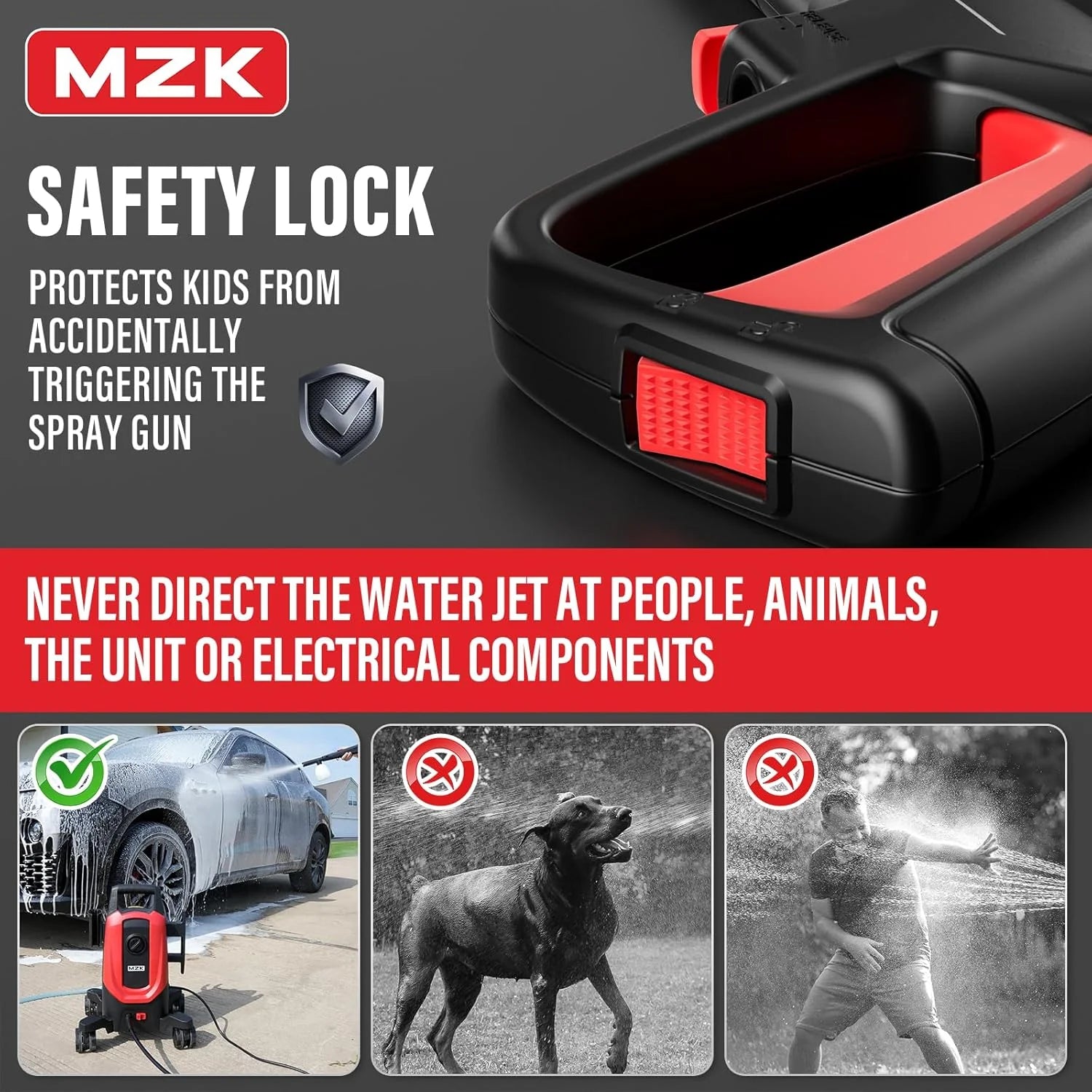 MZK electric high-pressure cleaner with 360�� quick-connect nozzle and easily replaceable foam cannon