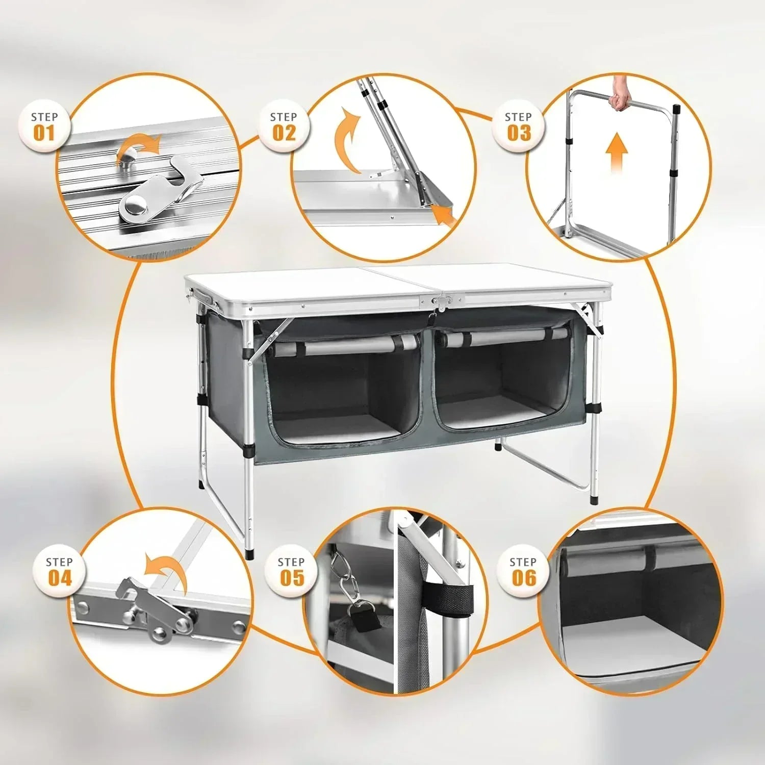 Outdoor Folding Table Aluminum Lightweight Height Adjustable with Storage Organizer