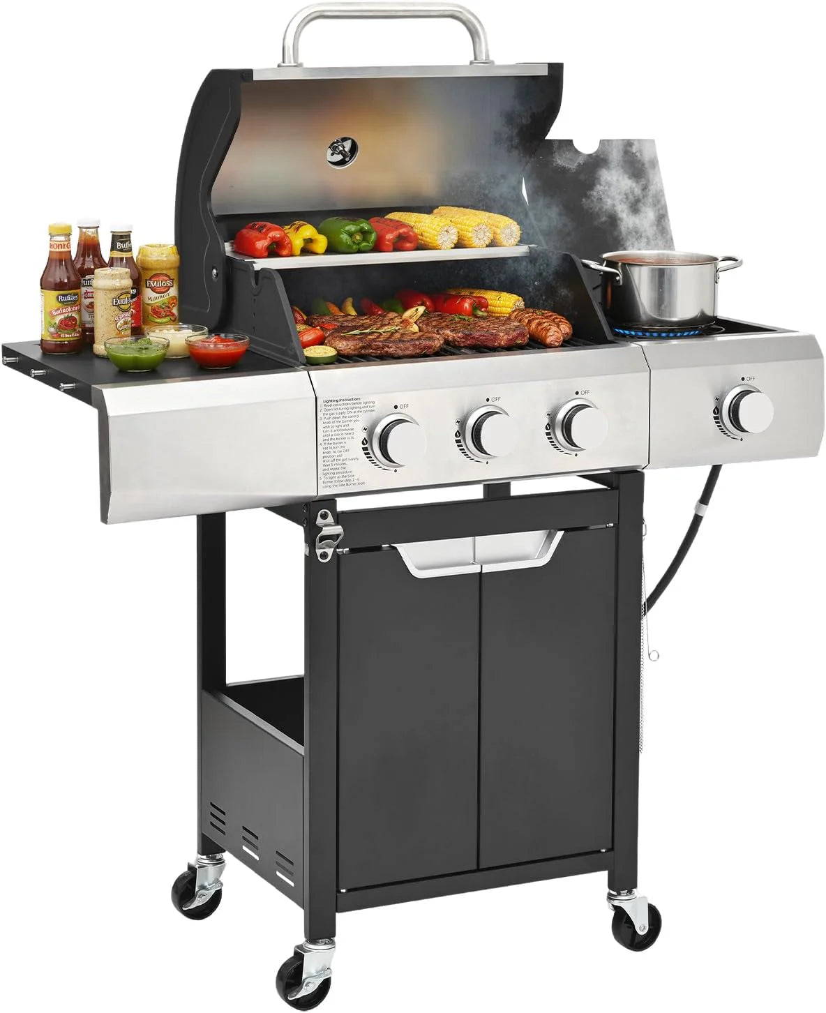 4-Burner Propane Gas BBQ Grill with Side Burner 46500 BTU Output Stainless Steel Barbecue Grill