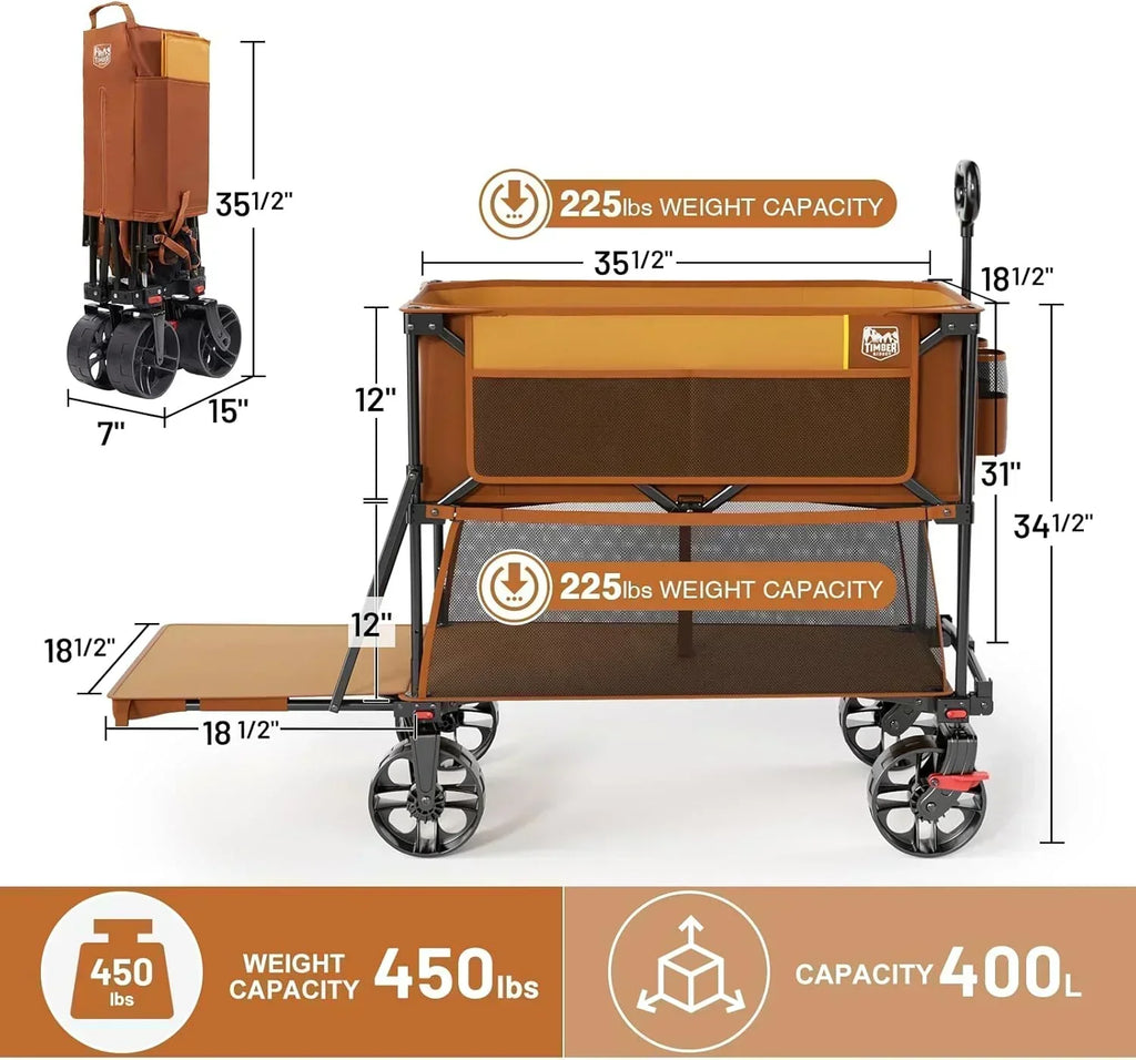 400L Large Capacity Folding Double Decker Cart with Brakes 54 Inch Extra Long Extended Cart
