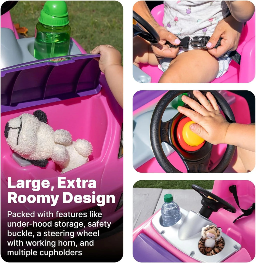 Step2 Whisper Ride II Ride On Push Toy Car Pink Ride On Car Seat Belt Easy Storage Transport