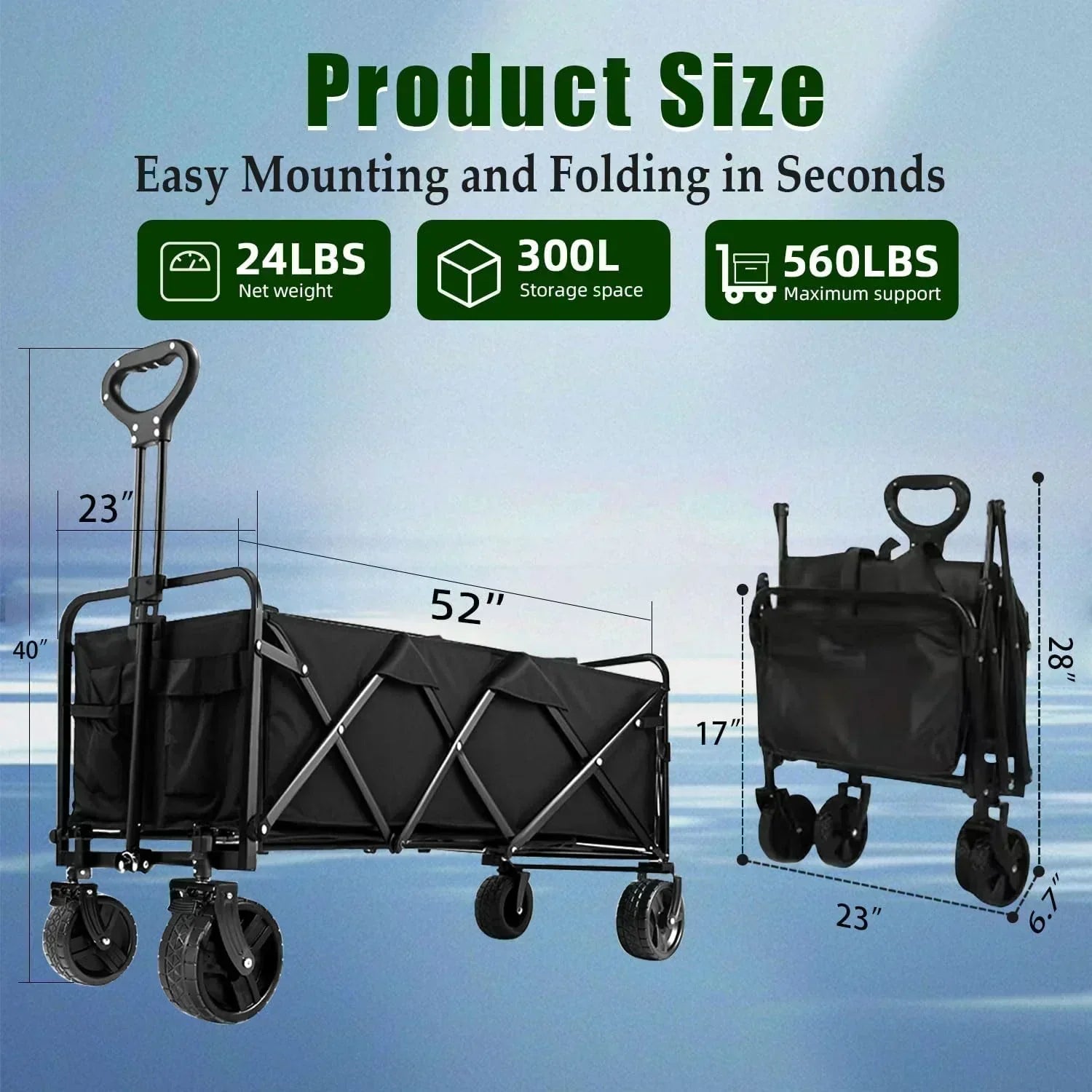 Foldable 4-wheel cart foldable 37 inches long 480 lb capacity heavy-duty beach cart