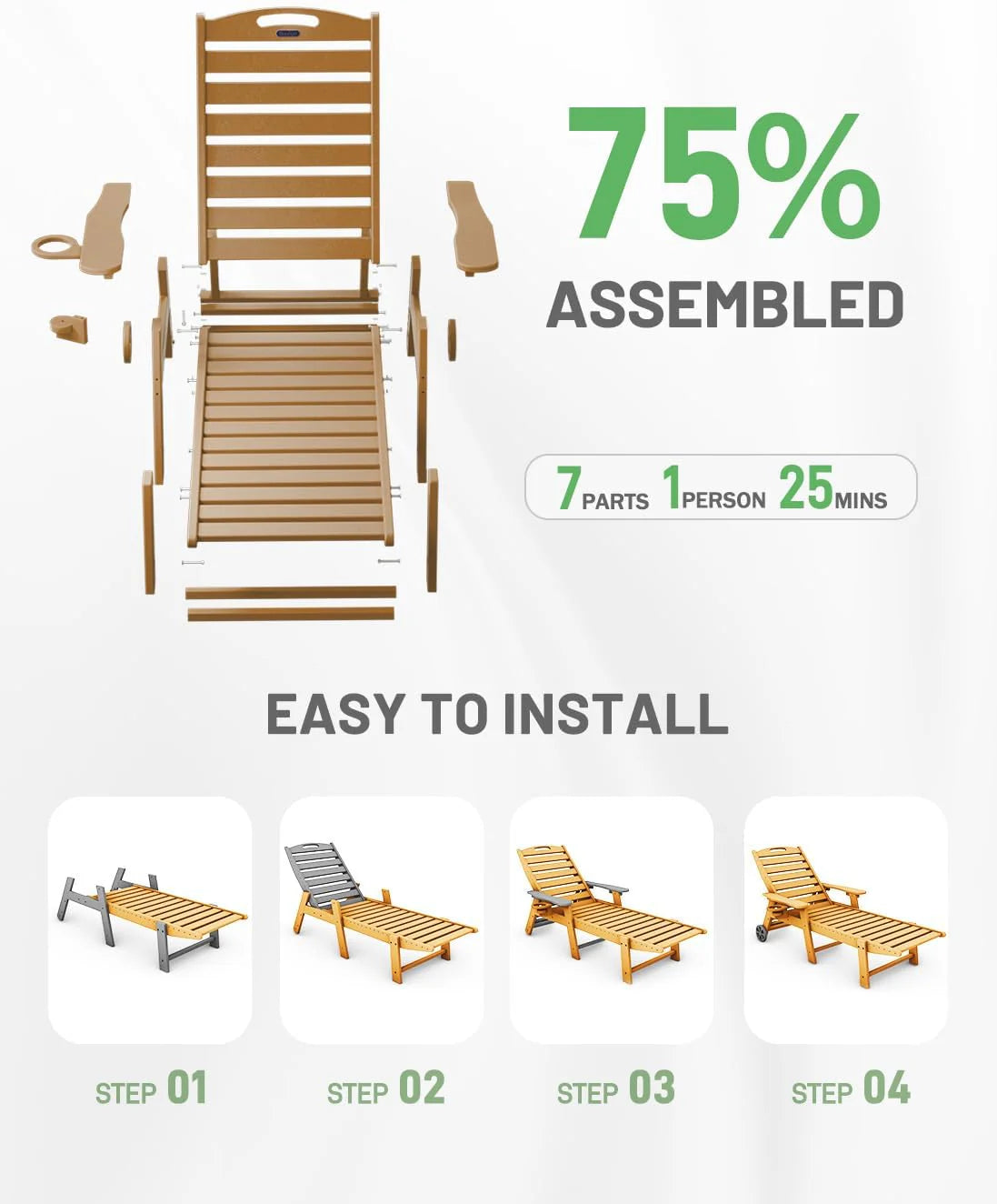 Lounge Chair Outdoor, Chaise Lounge, HDPE 6-Position Outdoor Chaise Lounge, Patio Lounge Chair with Wheels & Cup Holder for Pool Poolside Deck Backyard, Teak