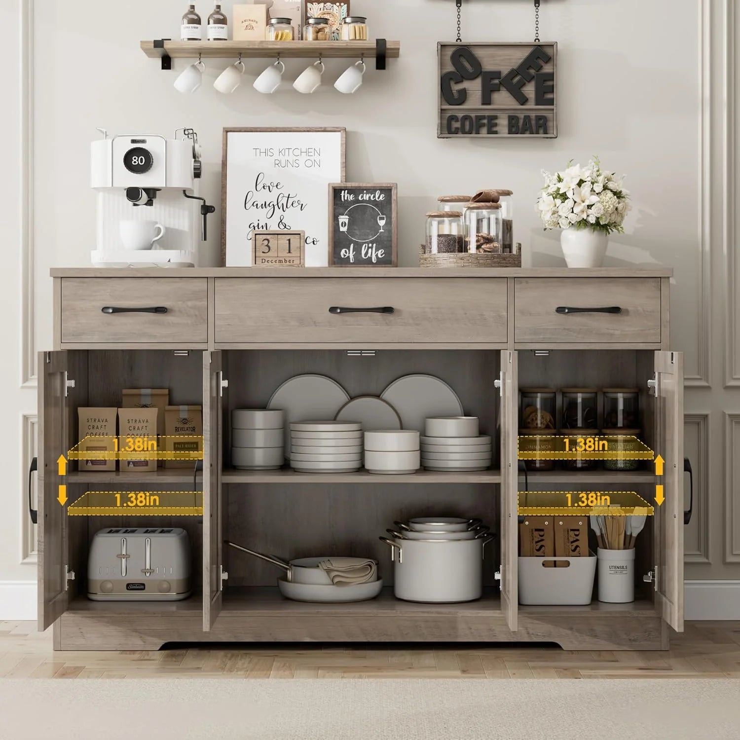 HOSTACK Buffet Cabinet with Drawers, 55 Large Sideboard Buffet Storage Cabinet with Shelves and Doors, Modern Farmhouse Coffee Bar Station Wood Kitchen Table for Kitchen, Dining Room, White/Rustic