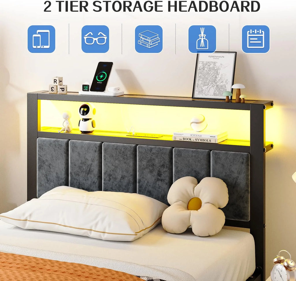 Queen Size Bed Frame with 2-Tier Storage Shelves Headboard Platform Bed Charging Station